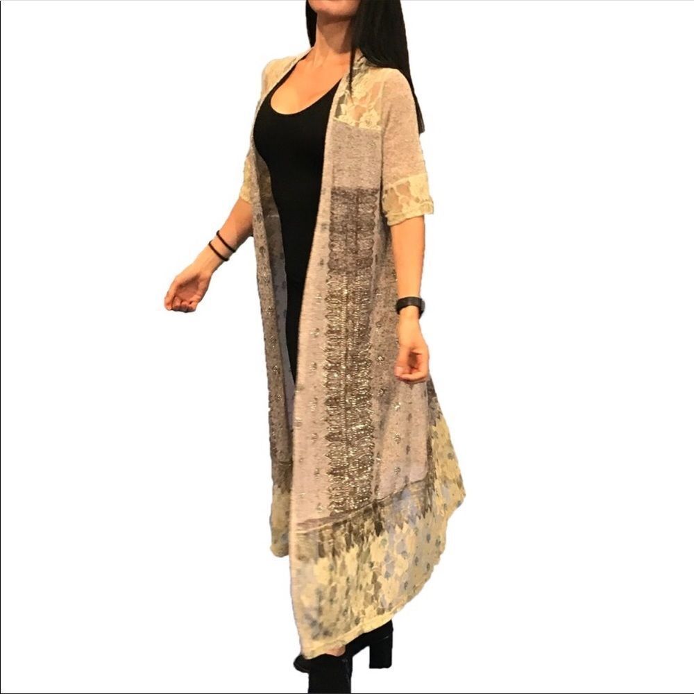 Very Moda Long Duster Cream Lace Embellished S/M Medium